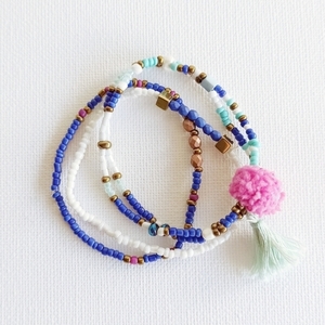 |Beaded Bracelets with Tassels and Pon pon| Blue | Medium Size - ημιπολύτιμες πέτρες, χάντρες, σταθερά, χεριού