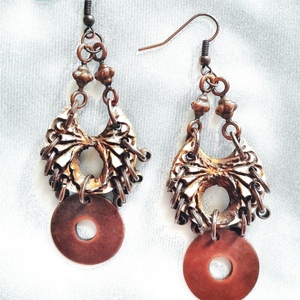 "Largesse Earrings" Handmade Embossed Dangle Earrings with Copper Hoops (8.0cm Height) - χαλκός, πηλός, χάντρες, κρεμαστά, μεγάλα - 3