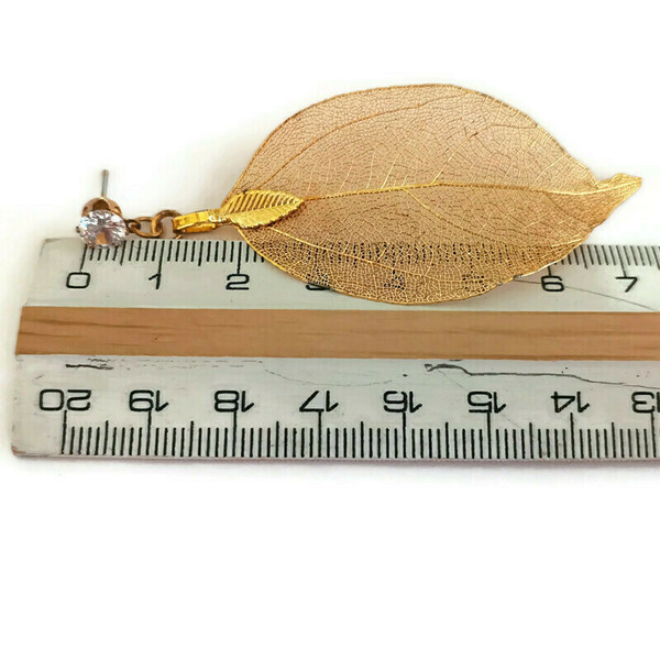 Σκουλαρίκια φύλλα, με ζιργκόν - ορείχαλκος, φύλλο, κρεμαστά, μεγάλα - 4