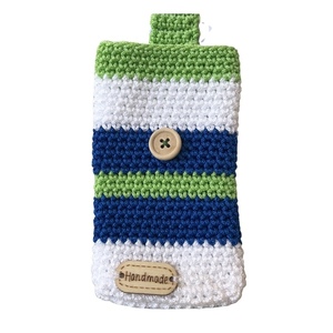Θήκη κινητού, πλέκτη, σε άσπρο,μπλε και πράσινο χρώμα - Διαστάσεις: 16*8 εκ. - νήμα, απαραίτητα καλοκαιρινά αξεσουάρ