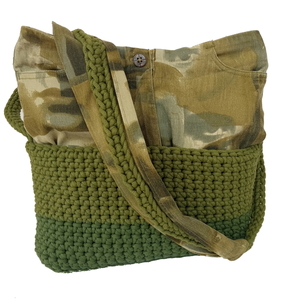 Χειροποίητη τσάντα πλεγμένη με βελονάκι και επένδυση ύφασμα σε φθινοπωρινές αποχρώσεις - ύφασμα, νήμα, ώμου, all day, πλεκτές τσάντες