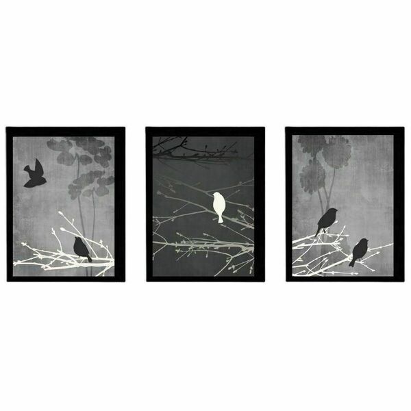 Σετ 3 καδράκια " birds in gray-black " με ξύλινη κορνίζα σε μαύρο χρώμα (21 χ 16 εκ. ) - πίνακες & κάδρα, διακόσμηση σαλονιού