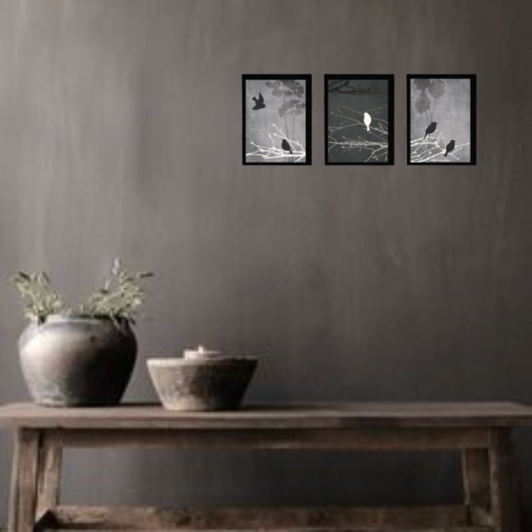 Σετ 3 καδράκια " birds in gray-black " με ξύλινη κορνίζα σε μαύρο χρώμα (21 χ 16 εκ. ) - πίνακες & κάδρα, διακόσμηση σαλονιού - 2