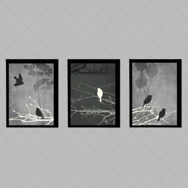 Σετ 3 καδράκια " birds in gray-black " με ξύλινη κορνίζα σε μαύρο χρώμα (21 χ 16 εκ. ) - πίνακες & κάδρα, διακόσμηση σαλονιού - 3