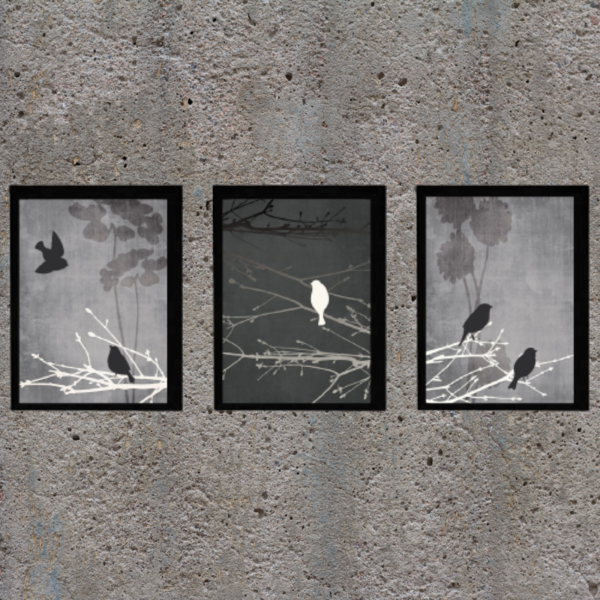 Σετ 3 καδράκια " birds in gray-black " με ξύλινη κορνίζα σε μαύρο χρώμα (21 χ 16 εκ. ) - πίνακες & κάδρα, διακόσμηση σαλονιού - 5