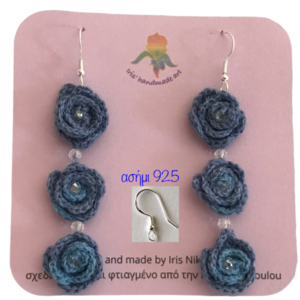 χειροποίητα πλεκτά σκουλαρίκια "blue roses", με γάντζες ασήμι 925, 7,5 x 1,5 εκ περίπου - ασήμι 925, κρεμαστά, γάντζος, πλεκτά - 3