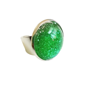 Δαχτυλίδι με χειροποίητο καμπουσον διάφανο πράσινο με γκλιτερ - γυαλί, boho, μεγάλα, δώρα γενεθλίων, αυξομειούμενα