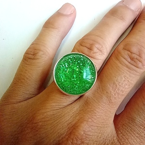 Δαχτυλίδι με χειροποίητο καμπουσον διάφανο πράσινο με γκλιτερ - γυαλί, boho, μεγάλα, δώρα γενεθλίων, αυξομειούμενα - 4