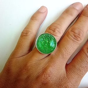 Δαχτυλίδι με χειροποίητο καμπουσον διάφανο πράσινο με γκλιτερ - γυαλί, boho, μεγάλα, δώρα γενεθλίων, αυξομειούμενα - 5