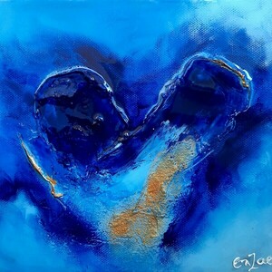 Blue heart, χειροποίητος πίνακας 20χ20χ4 σε καμβά, με ακρυλικά χρώματα, ανάγλυφες λεπτομέρειες και υγρό γυαλί - γυαλί, πίνακες & κάδρα, χειροποίητα, πίνακες ζωγραφικής - 2