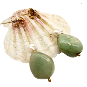 Σκουλαρίκια boho με ημιπολύτιμες χάντρες αβεντουρίνη και μαργαριτάρια - πράσινο - ημιπολύτιμες πέτρες, boho