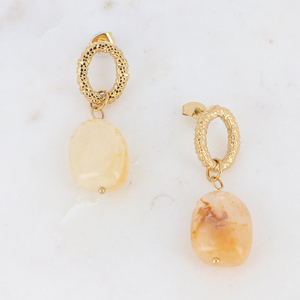Χρυσά σκουλαρίκια Nathaniel με πέτρα αχάτη - ημιπολύτιμες πέτρες, ατσάλι, κρεμαστά, μεγάλα, με κλιπ - 2