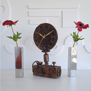 Ρολόι  επιτραπέζιο χειροποίητο από ξύλο μέταλλο και πλαστικό, σε μαύρο χρώμα με μπρονζέ και χρυσή πατίνα - ξύλο, επιτραπέζια - 3