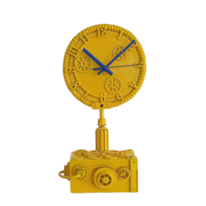Ρολόι  επιτραπέζιο χειροποίητο από ξύλο μέταλλο και πλαστικό σε  κίτρινο   χρώμα - ξύλο, επιτραπέζια