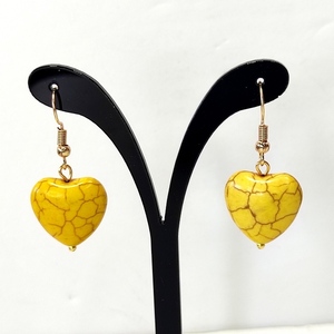Σκουλαρίκια με κίτρινες καρδιές χαολίτη - ημιπολύτιμες πέτρες, επιχρυσωμένα, μικρά, boho, κρεμαστά - 3