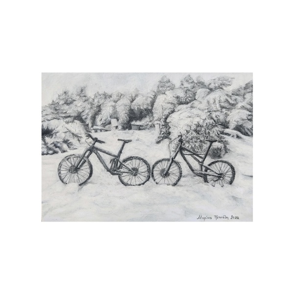 Καμβάς 30Χ25εκ τελάρο εκτύπωση έργου "ποδήλατα στο χιόνι" - εκτύπωση, πίνακες & κάδρα, καμβάς, πίνακες ζωγραφικής