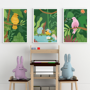Παιδική αφίσα 30x40cm | Hello Βaby Birds | Αποχρώσεις του πράσινου χωρίς κάδρο | χαρτί illustration 200gr - πίνακες & κάδρα, παιδικό δωμάτιο, ζωάκια, παιδικά κάδρα - 4