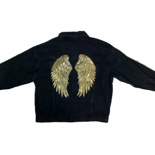 Trendy Oversized Denim Jacket - Detail on the back / Sequin Golden Angel Wings/ Black - βαμβάκι