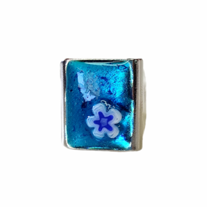 Δαχτυλίδι παραλληλόγραμμο μπλε με λουλούδι - ορείχαλκος, γεωμετρικά σχέδια, λουλούδι, μεγάλα, αυξομειούμενα