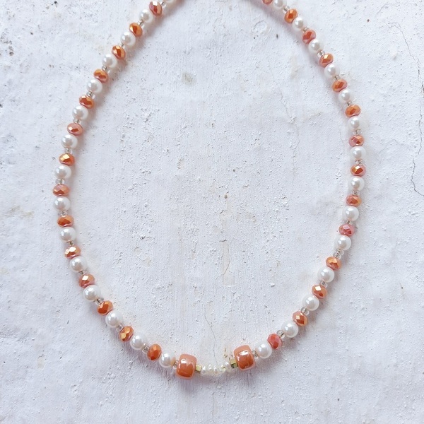 κολιέ λευκό πορτοκαλί - ημιπολύτιμες πέτρες, μαργαριτάρι, χάντρες, πέρλες - 2