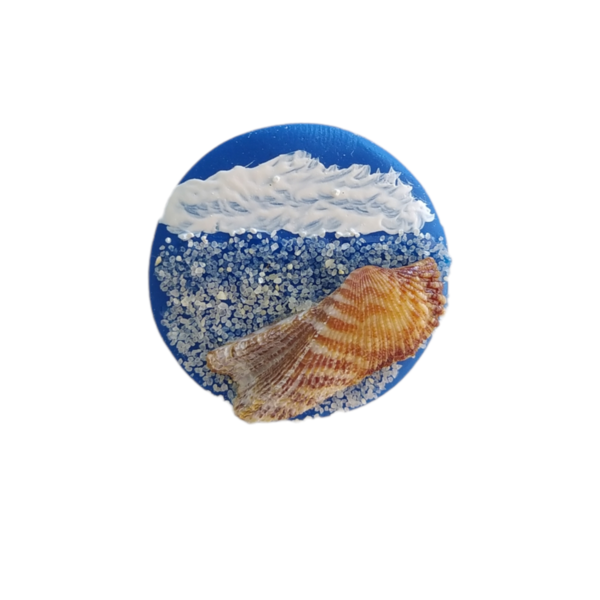 Μαγνητάκια μπλε σε σχέδιο θάλασσας με αμμουδιά, κύμματα και αληθινό κοχύλι με πολυμερικό πηλό / μικρά / διάμετρος 3εκ / Twice Treasured - κοχύλι, θάλασσα, μαγνητάκια