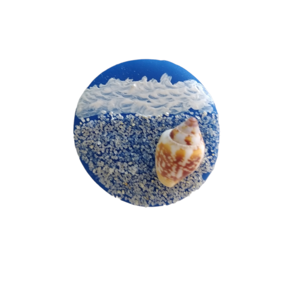 Μαγνητάκια μπλε σε σχέδιο θάλασσας με αμμουδιά, κύμματα και αληθινό κοχύλι με πολυμερικό πηλό / μικρά / διάμετρος 3εκ / Twice Treasured - κοχύλι, θάλασσα, μαγνητάκια - 2