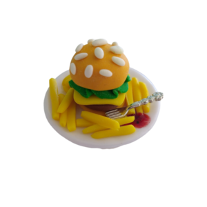Δαχτυλίδι burger με πατάτες τηγανιτές με πολυμερικό πηλό / μεγάλο / μεταλλική βάση / αυξομειούμενο / Twice Treasured - πηλός, cute, γλυκά, αυξομειούμενα