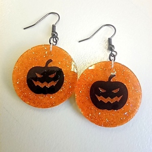 Σκουλαρίκια κυκλικά Halloween pumpkin με υγρό γυαλί - γυαλί, halloween, κρεμαστά, δώρα για γυναίκες, φθηνά - 2