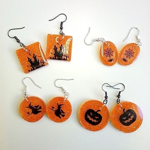 Σκουλαρίκια κυκλικά Halloween pumpkin με υγρό γυαλί - γυαλί, halloween, κρεμαστά, δώρα για γυναίκες, φθηνά - 3