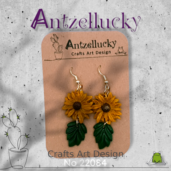 "Sunflower Dangles" I Χειροποίητα μοντέρνα κρεμαστά σκουλαρίκια από πολυμερικό πηλό 6 cm - χρώμα ώχρα - πηλός, λουλούδι, boho, κρεμαστά, γάντζος - 5