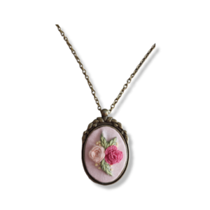 Κεντημένο Ατσάλινο Μενταγιόν - Ροζ Λουλούδια - μακριά, λουλούδι, ατσάλι, boho, μενταγιόν