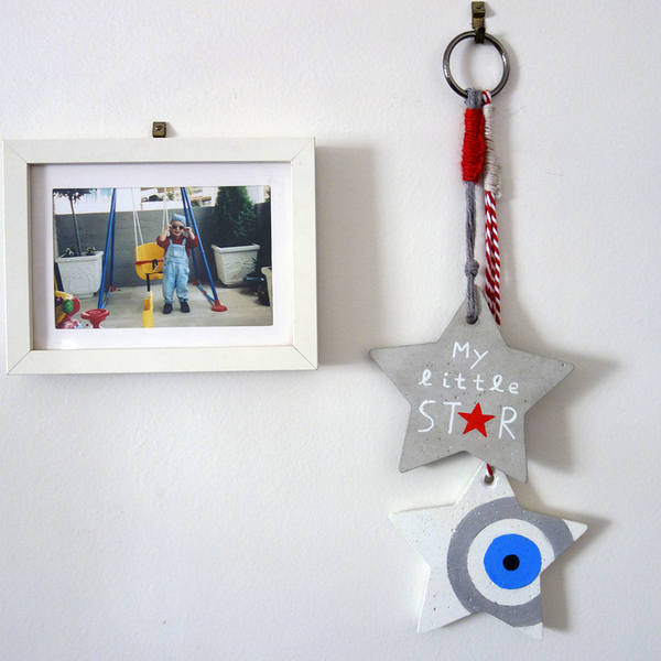 Κρεμαστό Τσιμεντένιο Διακοσμητικό Φυλαχτό " My little STAR " γκρι - λευκό - αστέρι, δώρο γέννησης, φυλαχτά, ενθύμια γέννησης, κρεμαστό διακοσμητικό - 2