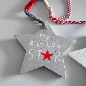 Κρεμαστό Τσιμεντένιο Διακοσμητικό Φυλαχτό " My little STAR " γκρι - λευκό - αστέρι, δώρο γέννησης, φυλαχτά, ενθύμια γέννησης, κρεμαστό διακοσμητικό - 4