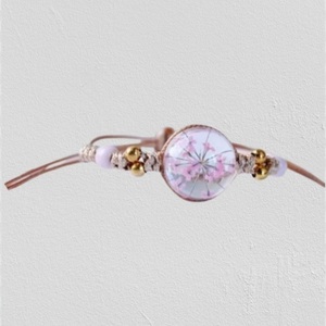 Βραχιολακι με λουλούδι αποξηραμένο σε υγρό γυαλί, σε ροζ χρώμα - γυαλί, νήμα, μακραμέ, ατσάλι, χεριού - 4
