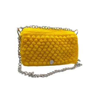 Πλεκτή κίτρινη τσάντα ώμου, με εσωτερική επένδυση και ασημένια αλυσίδα 23*7*15 cm - νήμα, ώμου, πλεκτές τσάντες, μικρές