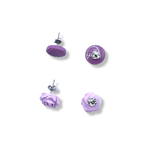 " Purple roses stud set I" I Χειροποίητα μοντέρνα καρφωτά σκουλαρίκια από πολυμερικό πηλό - set 2 ζευγάρια - χρώμα μωβ - πηλός, λουλούδι, καρφωτά, μικρά, καρφάκι - 4