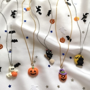 Halloween κολιέ κολοκύθα με καπέλο από πολυμερικό πηλό και χρυσή ατσάλινη αλυσίδα. Μήκος 40 εκ. - charms, πηλός, halloween, ατσάλι, κολοκύθα - 3