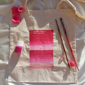 Tote bag ζωγραφισμένη στο χέρι με μακρύ χερούλι φούξια θάλασσα - ύφασμα, ώμου, all day, tote, πάνινες τσάντες