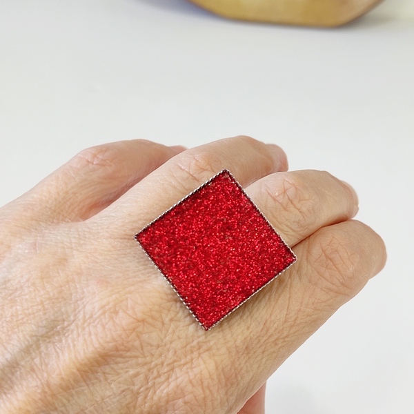 Δαχτυλίδι τετράγωνο με κόκκινο γκλίτερ - μοντέρνο, ορείχαλκος, γεωμετρικά σχέδια, μεγάλα, αυξομειούμενα - 2