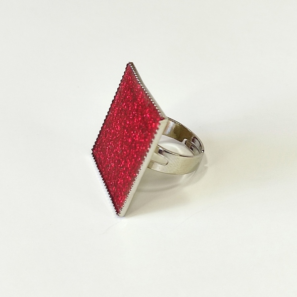 Δαχτυλίδι τετράγωνο με κόκκινο γκλίτερ - μοντέρνο, ορείχαλκος, γεωμετρικά σχέδια, μεγάλα, αυξομειούμενα - 3