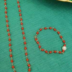 Βραχιόλι από κόκκινο πολυγωνικό νεφρίτη και μαργαριτάρι - ημιπολύτιμες πέτρες, μαργαριτάρι, αλπακάς, χεριού, αυξομειούμενα - 2