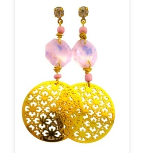 Μακριά σκουλαρίκια με κρυσταλλα ροζ και χρυσό φιλιγκρί part 1 - ημιπολύτιμες πέτρες, χάντρες, μακριά, κρεμαστά, μεγάλα