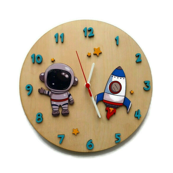 Ξύλινο ρολόι τοίχου 30εκ "Διάστημα" - αγόρι, ρολόι, δώρο, διάστημα, ρολόγια, διακοσμητικό παιδικού δωματίου