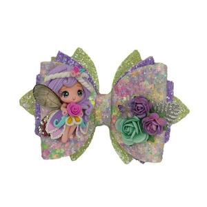 Παιδικό Κλιπ Μαλλιών Νεράιδα με Λουλούδια από ύφασμα glitter σε χρώμα μοβ και Πράσινο 9x12 - κορίτσι, για παιδιά, κουνελάκι, αξεσουάρ μαλλιών, ζωάκια