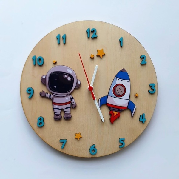 Ξύλινο ρολόι τοίχου 30εκ "Διάστημα" - αγόρι, ρολόι, δώρο, διάστημα, ρολόγια, διακοσμητικό παιδικού δωματίου - 4