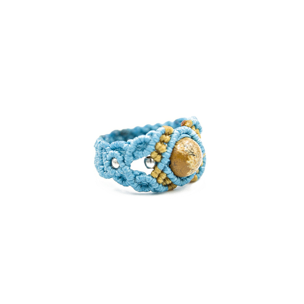 Μακραμέ δαχτυλίδι, τιρκουάζ χρώματος με ίασπι ( Jasper) - ημιπολύτιμες πέτρες, μακραμέ, boho, σταθερά - 2