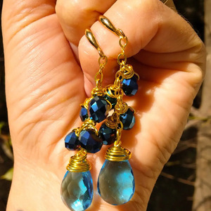 Σκουλαρίκια με μπλε κρυστάλλους - γυαλί, επιχρυσωμένα, δάκρυ, χάντρες, κρεμαστά - 3