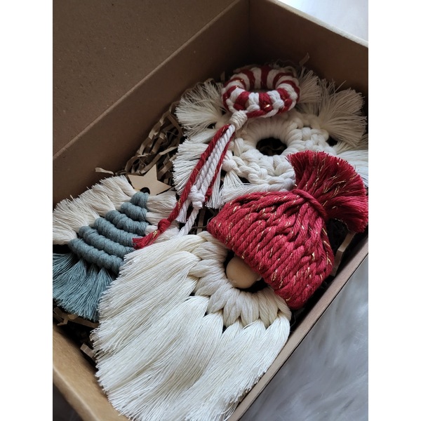 Christmas gift box μακραμέ στολίδια - νήμα, μακραμέ, χιονονιφάδα, άγιος βασίλης, σετ δώρου - 3