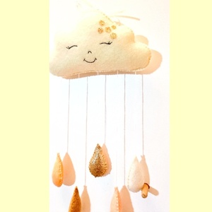 Μόμπιλε συννεφάκι happy cloud με σταγόνες βροχής, χειροποίητο - μόμπιλε, κρεμαστά, δώρο γέννησης, διακοσμητικό παιδικού δωματίου - 3