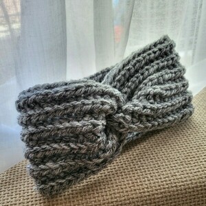 Πλεκτή κορδέλα- γκρι - μαλλί, crochet, headbands - 2